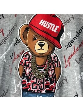 Hustle Gang Gray Long Sleeve Tee with Red Hat Bear Graphic